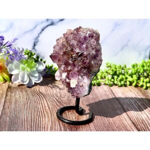 Amethyst Crystal Cluster with Calcite on Display Stand